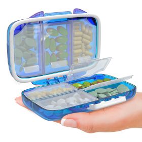 Blue Travel Pill Organizer Moisture Proof Pill Holder Daily Medicine Organizer Box for Vitamin Supplement Pocket Pharmacy with Labels 7 Compartments