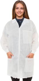 Disposable Lab Coats. Pack of 10 White Adult Frocks. Medium Polypropylene Garment. Non-Sterile SPP Cloth-Like Fabric Coats with Folded Collar; Knit Wr