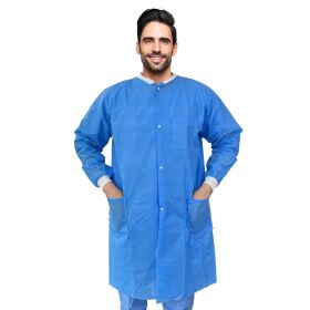 Disposable Lab Coat. Pack of 10 Blue Disposable Gowns Large. 40 gsm SMS Surgical Gowns with Knit Wrists; Knit Collar; 3 Pockets. Non-Sterile Medical G