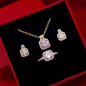 Fashion Jewelry Set Zircon Gem Pendant Chain Choker Necklace For Women Gold Color Stud Earring Statement Wedding Ring (Option: Gold Three Piece Set)