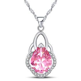 Emma Manor 14k White Gold Plated 5A Pear Shape Cubic Zirconia Crown Pendant Necklace For Women (Color: Pink)