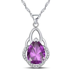 Emma Manor 14k White Gold Plated 5A Pear Shape Cubic Zirconia Crown Pendant Necklace For Women (Color: Purple)